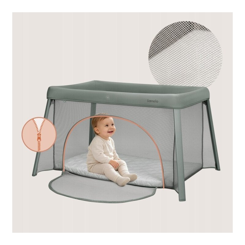 Patut multifunctional, Lionelo, Mila, 2 in 1, Saltea 4 cm cu spuma T25, 2 niveluri de inaltime, Pliere rapida, Intrare laterala, Geanta de transport inclusa, 0-36 luni, Pana la 15 kg, Verde