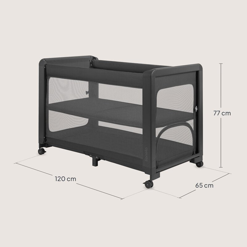 Patut multifunctional, Lionelo, Patty, 5 in 1, 0- 36 luni, Co-sleeper, Tarc de joaca, Patut de calatorie, Laterala rabatabila, 2 trepte reglare saltea, Roti, Husa transport inclusa, Gri