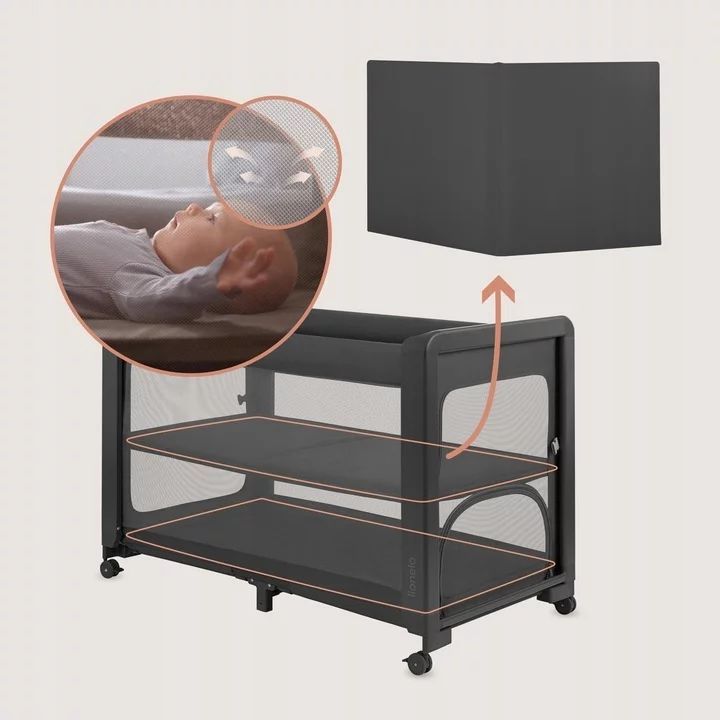 Patut multifunctional, Lionelo, Patty, 5 in 1, 0- 36 luni, Co-sleeper, Tarc de joaca, Patut de calatorie, Laterala rabatabila, 2 trepte reglare saltea, Roti, Husa transport inclusa, Gri