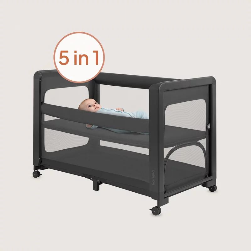 Patut multifunctional, Lionelo, Patty, 5 in 1, 0- 36 luni, Co-sleeper, Tarc de joaca, Patut de calatorie, Laterala rabatabila, 2 trepte reglare saltea, Roti, Husa transport inclusa, Gri