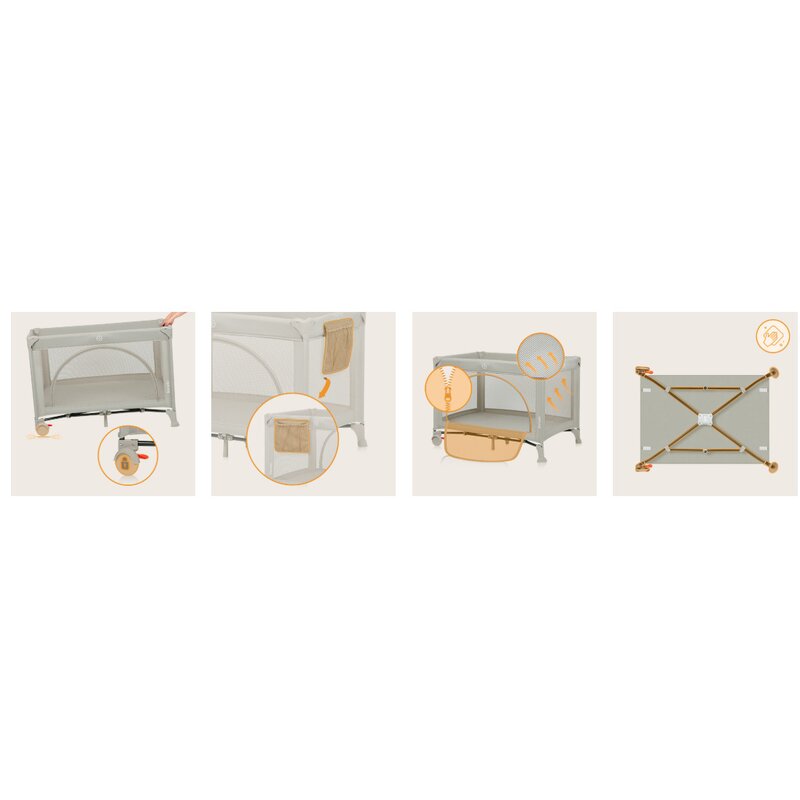 Patut pliant multifunctional, Lionelo, Ellen, Cu laterala culisanta, Nivel suplimentar, Intrare laterala cu fermoar, 2 roti, Saltea pliabila si geanta de transport incluse, 0- 36 luni, Pana la 15 kg, 120x60 cm, Conform cu EN 716, Bej