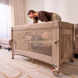 Patut pliant multifunctional, Lionelo, Ellen, Cu laterala culisanta, Nivel suplimentar, Intrare laterala cu fermoar, 2 roti, Saltea pliabila si geanta de transport incluse, 0- 36 luni, Pana la 15 kg, 120x60 cm, Conform cu EN 716, Bej
