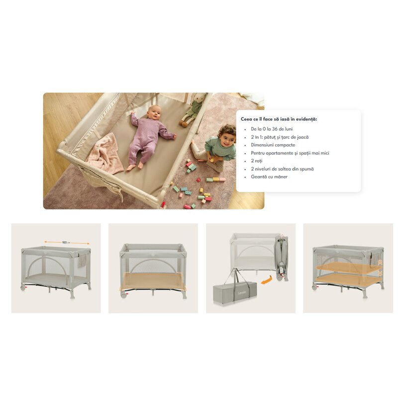 Patut pliant multifunctional, Lionelo, Ellen, Cu laterala culisanta, Nivel suplimentar, Intrare laterala cu fermoar, 2 roti, Saltea pliabila si geanta de transport incluse, 0- 36 luni, Pana la 15 kg, 120x60 cm, Conform cu EN 716, Bej