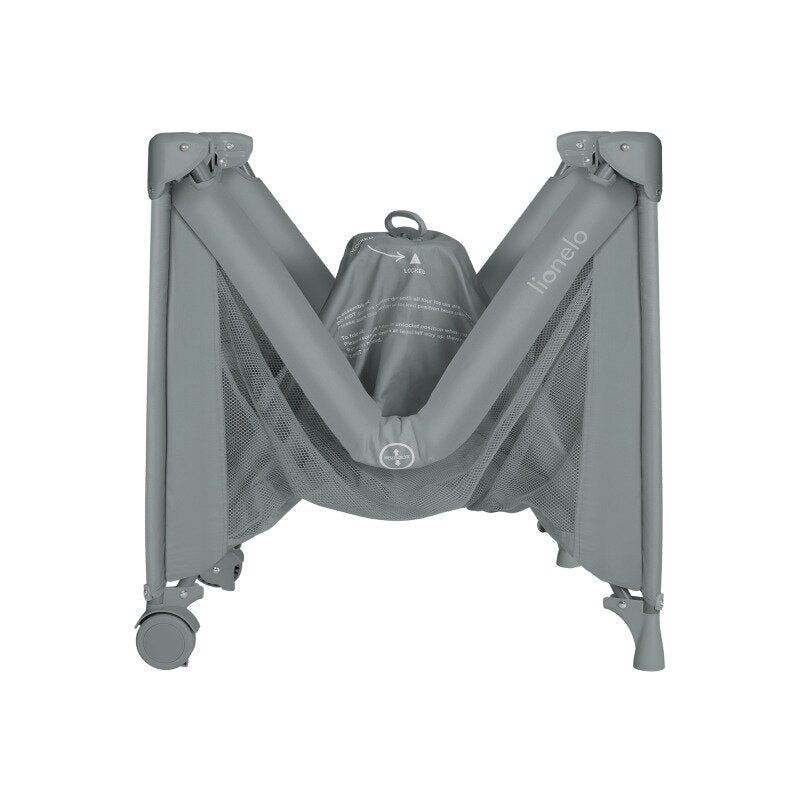 Patut pliant, Lionelo, Amelie, Cu intrare laterala, 100.5×70.5 cm, Include salteluta, roti, geanta pentru transport, Constructie usoara- 7 kg, Cadru stabil din otel, Gri