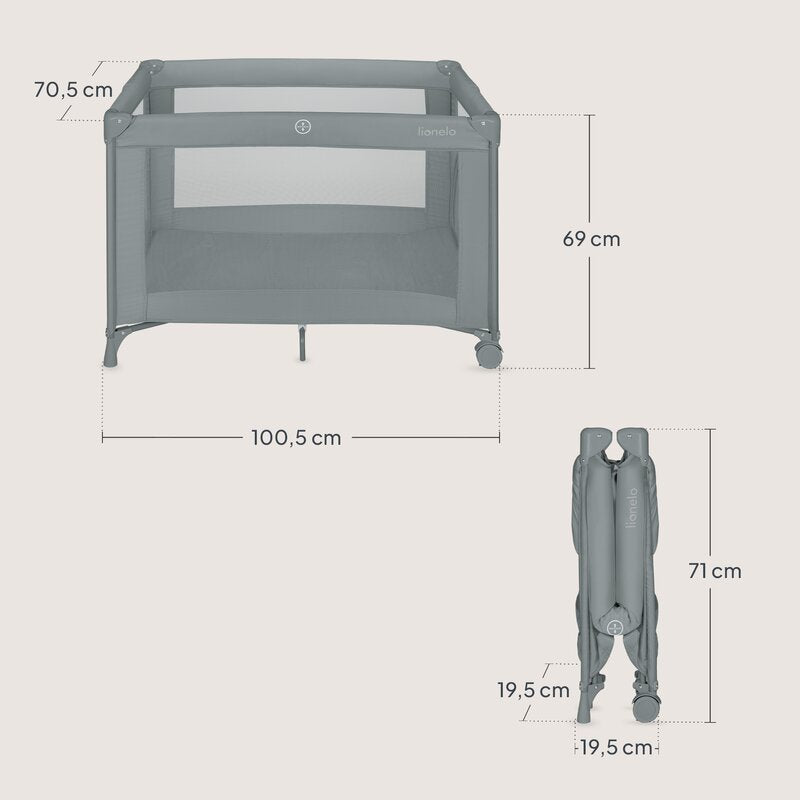 Patut pliant, Lionelo, Amelie, Cu intrare laterala, 100.5×70.5 cm, Include salteluta, roti, geanta pentru transport, Constructie usoara- 7 kg, Cadru stabil din otel, Gri