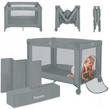Patut pliant, Lionelo, Amelie, Cu intrare laterala, 100.5×70.5 cm, Include salteluta, roti, geanta pentru transport, Constructie usoara- 7 kg, Cadru stabil din otel, Gri
