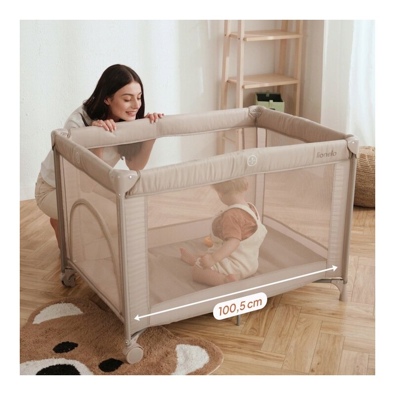 Patut pliant, Lionelo, Amelie, Cu intrare laterala, 100.5×70.5 cm, Include salteluta, roti, geanta pentru transport, Constructie usoara- 7 kg, Cadru stabil din otel, Gri