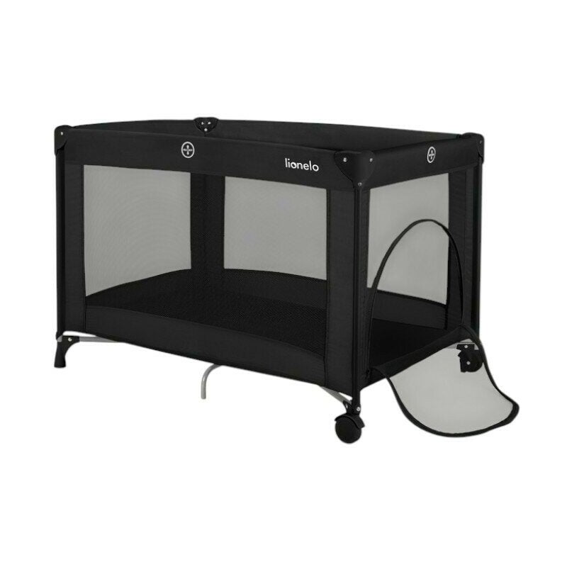 Patut pliant, Lionelo, Amelie, Cu intrare laterala, 100.5×70.5 cm, Include salteluta, roti, geanta pentru transport, Constructie usoara- 7 kg, Cadru stabil din otel, Negru