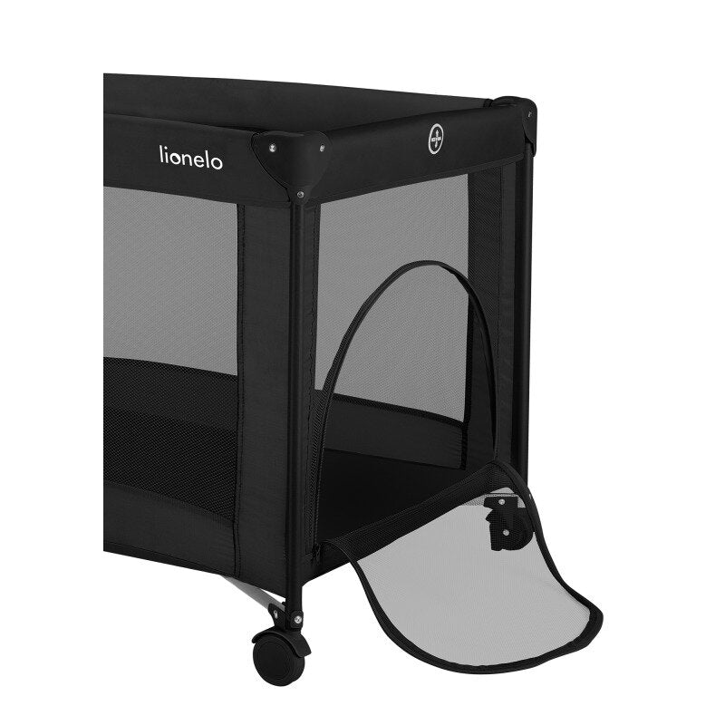 Patut pliant, Lionelo, Amelie, Cu intrare laterala, 100.5×70.5 cm, Include salteluta, roti, geanta pentru transport, Constructie usoara- 7 kg, Cadru stabil din otel, Negru