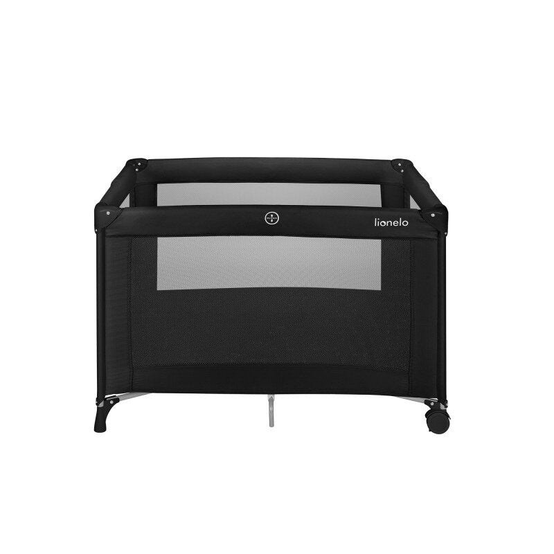 Patut pliant, Lionelo, Amelie, Cu intrare laterala, 100.5×70.5 cm, Include salteluta, roti, geanta pentru transport, Constructie usoara- 7 kg, Cadru stabil din otel, Negru