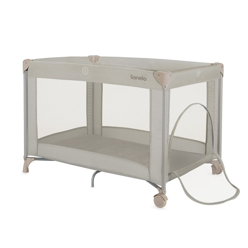 Patut pliant, Lionelo, Amelie, Cu intrare laterala, 100.5×70.5 cm, Include salteluta, roti, geanta pentru transport, Constructie usoara- 7 kg, Cadru stabil din otel, Bej