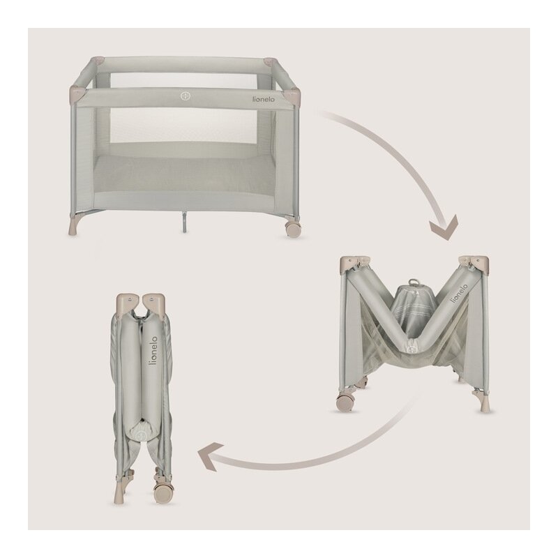 Patut pliant, Lionelo, Amelie, Cu intrare laterala, 100.5×70.5 cm, Include salteluta, roti, geanta pentru transport, Constructie usoara- 7 kg, Cadru stabil din otel, Bej