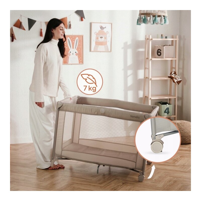 Patut pliant, Lionelo, Amelie, Cu intrare laterala, 100.5×70.5 cm, Include salteluta, roti, geanta pentru transport, Constructie usoara- 7 kg, Cadru stabil din otel, Bej