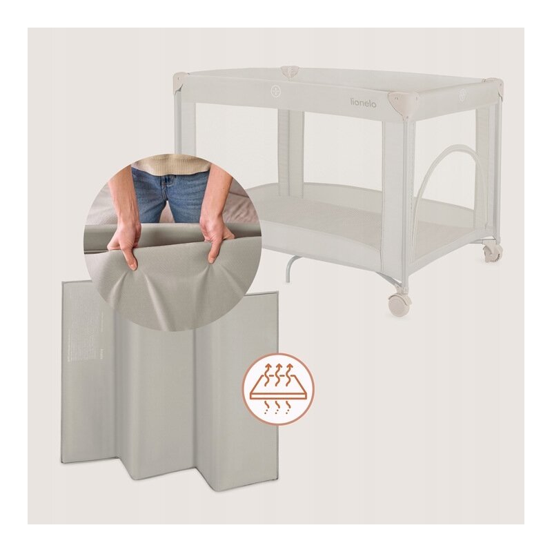 Patut pliant, Lionelo, Amelie, Cu intrare laterala, 100.5×70.5 cm, Include salteluta, roti, geanta pentru transport, Constructie usoara- 7 kg, Cadru stabil din otel, Bej