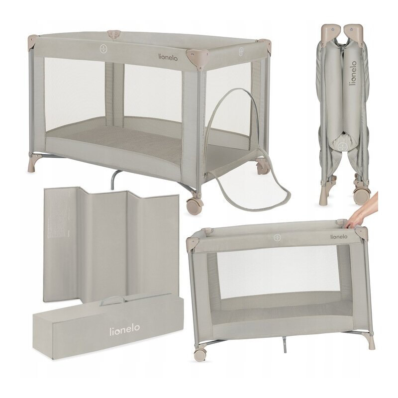Patut pliant, Lionelo, Amelie, Cu intrare laterala, 100.5×70.5 cm, Include salteluta, roti, geanta pentru transport, Constructie usoara- 7 kg, Cadru stabil din otel, Bej