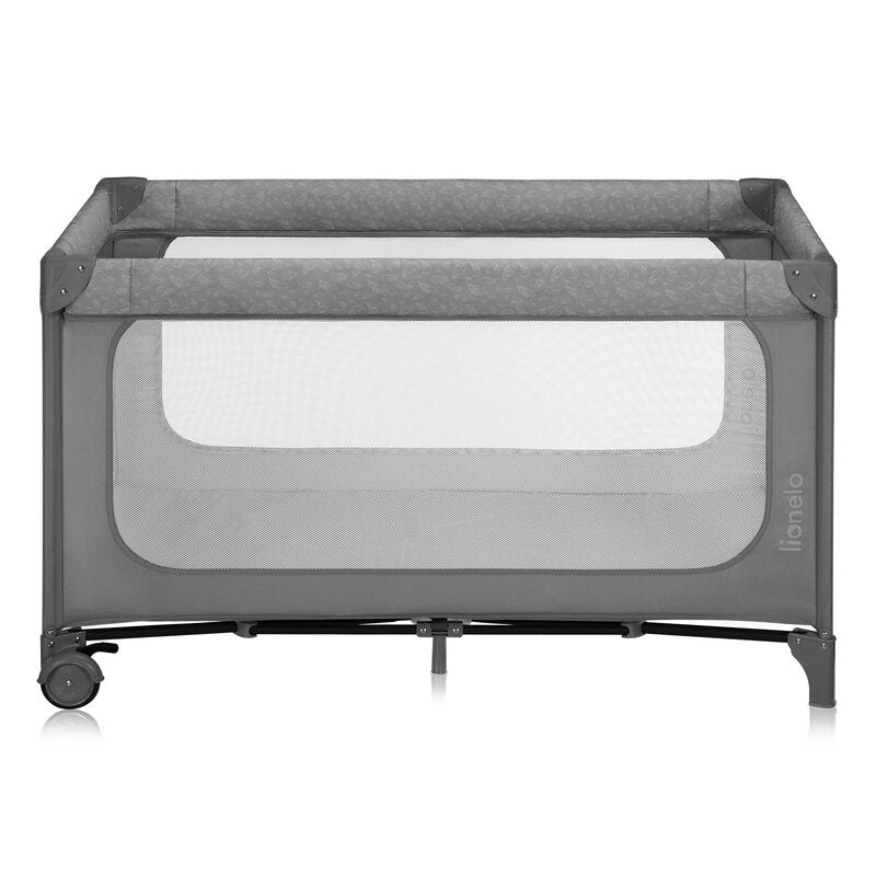 Patut pliant, Lionelo, Jasmin Easy Fold, Pana la 15 kg, Usor de pliat, Cu doua nivele, Cu saltea ergonomica T25, Cu intrare laterala cu fermoar, 2 roti cu frana, 123 x 67 cm, Conform cu EN 716, 0-36 luni, Gri - gogobaby.ro