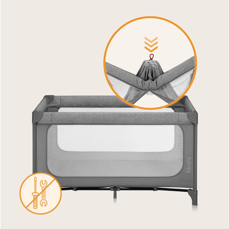 Patut pliant, Lionelo, Jasmin Easy Fold, Pana la 15 kg, Usor de pliat, Cu doua nivele, Cu saltea ergonomica T25, Cu intrare laterala cu fermoar, 2 roti cu frana, 123 x 67 cm, Conform cu EN 716, 0-36 luni, Gri