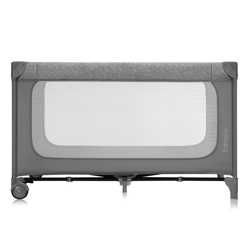 Patut pliant, Lionelo, Jasmin Easy Fold, Pana la 15 kg, Usor de pliat, Cu doua nivele, Cu saltea ergonomica T25, Cu intrare laterala cu fermoar, 2 roti cu frana, 123 x 67 cm, Conform cu EN 716, 0-36 luni, Gri