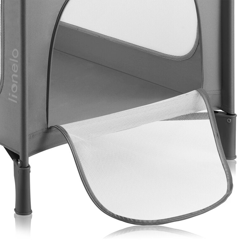 Patut pliant, Lionelo, Jasmin Easy Fold, Pana la 15 kg, Usor de pliat, Cu doua nivele, Cu saltea ergonomica T25, Cu intrare laterala cu fermoar, 2 roti cu frana, 123 x 67 cm, Conform cu EN 716, 0-36 luni, Gri - gogobaby.ro