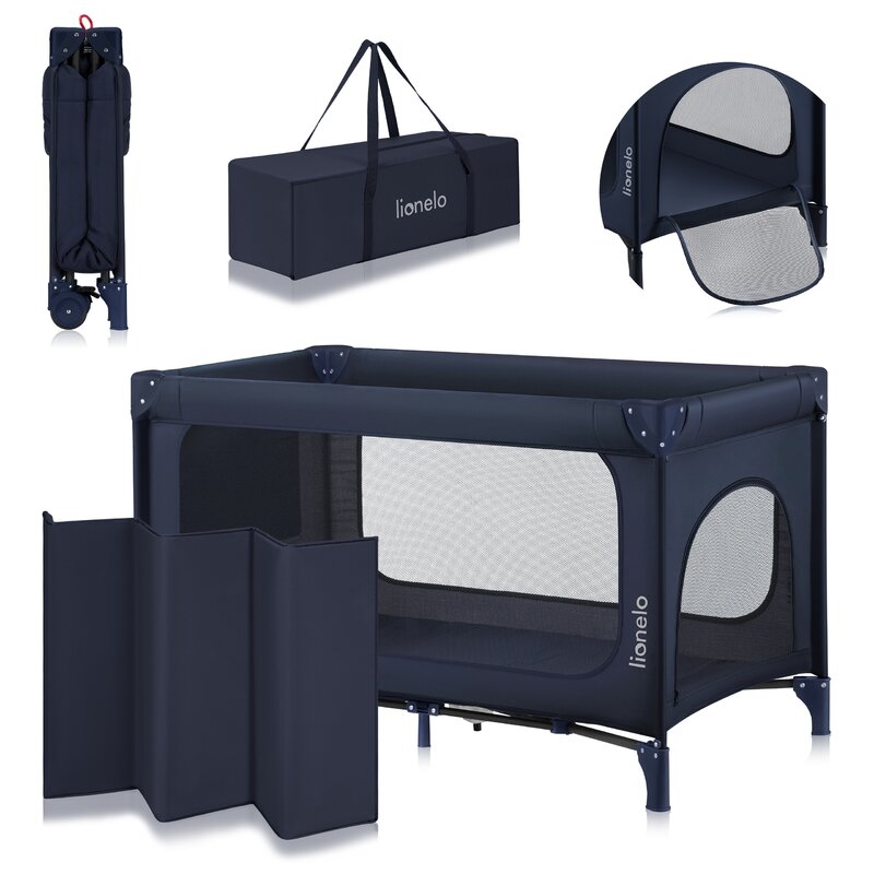 Patut pliant, Lionelo, Jasmin Easy Fold, Pana la 15 kg, Usor de pliat, Cu doua nivele, Cu saltea ergonomica T25, Cu intrare laterala cu fermoar, 2 roti cu frana, 123 x 67 cm, Conform cu EN 716, 0-36 luni, Albastru
