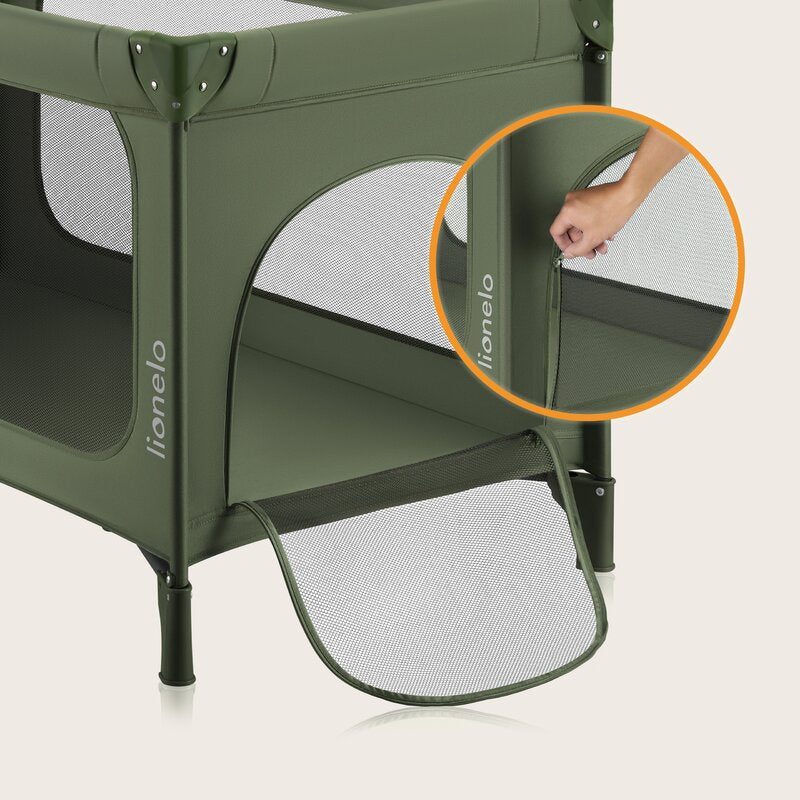 Patut pliant, Lionelo, Jasmin Easy Fold, Pana la 15 kg, Usor de pliat, Cu doua nivele, Cu saltea ergonomica T25, Cu intrare laterala cu fermoar, 2 roti cu frana, 123 x 67 cm, Conform cu EN 716, 0-36 luni, Verde