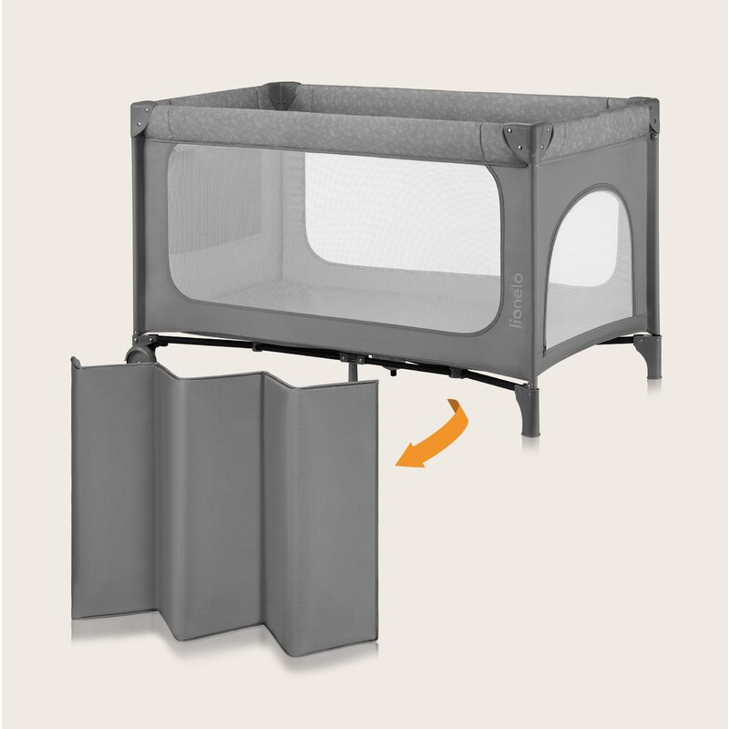Patut pliant, Lionelo, Jasmin Easy Fold, Pana la 15 kg, Usor de pliat, Cu doua nivele, Cu saltea ergonomica T25, Cu intrare laterala cu fermoar, 2 roti cu frana, 123 x 67 cm, Conform cu EN 716, 0-36 luni, Gri - gogobaby.ro