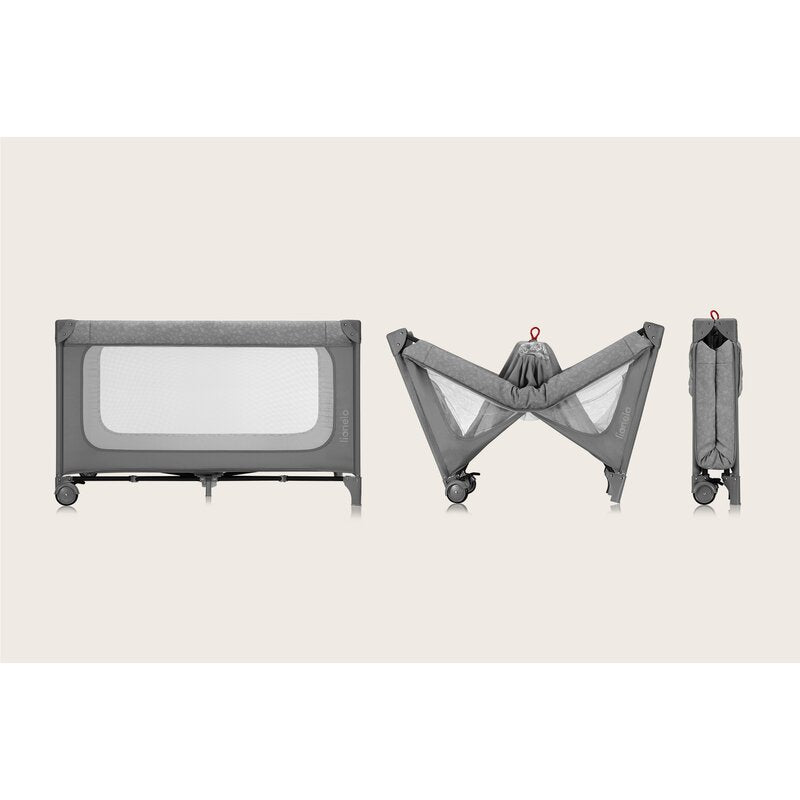 Patut pliant, Lionelo, Jasmin Easy Fold, Pana la 15 kg, Usor de pliat, Cu doua nivele, Cu saltea ergonomica T25, Cu intrare laterala cu fermoar, 2 roti cu frana, 123 x 67 cm, Conform cu EN 716, 0-36 luni, Gri - gogobaby.ro