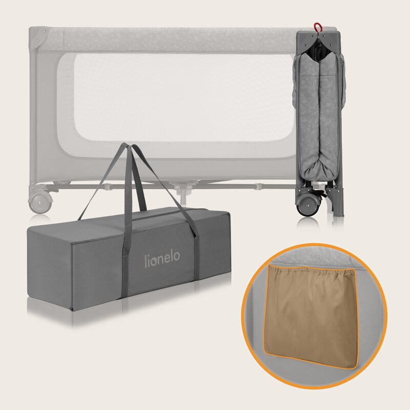 Patut pliant, Lionelo, Jasmin Easy Fold, Pana la 15 kg, Usor de pliat, Cu doua nivele, Cu saltea ergonomica T25, Cu intrare laterala cu fermoar, 2 roti cu frana, 123 x 67 cm, Conform cu EN 716, 0-36 luni, Gri - gogobaby.ro