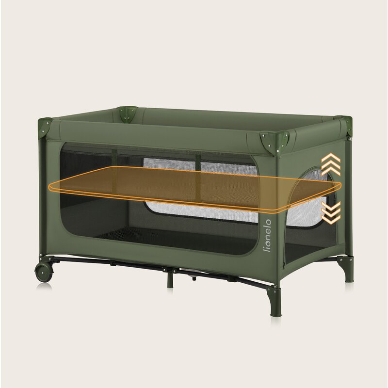Patut pliant, Lionelo, Jasmin Easy Fold, Pana la 15 kg, Usor de pliat, Cu doua nivele, Cu saltea ergonomica T25, Cu intrare laterala cu fermoar, 2 roti cu frana, 123 x 67 cm, Conform cu EN 716, 0-36 luni, Verde