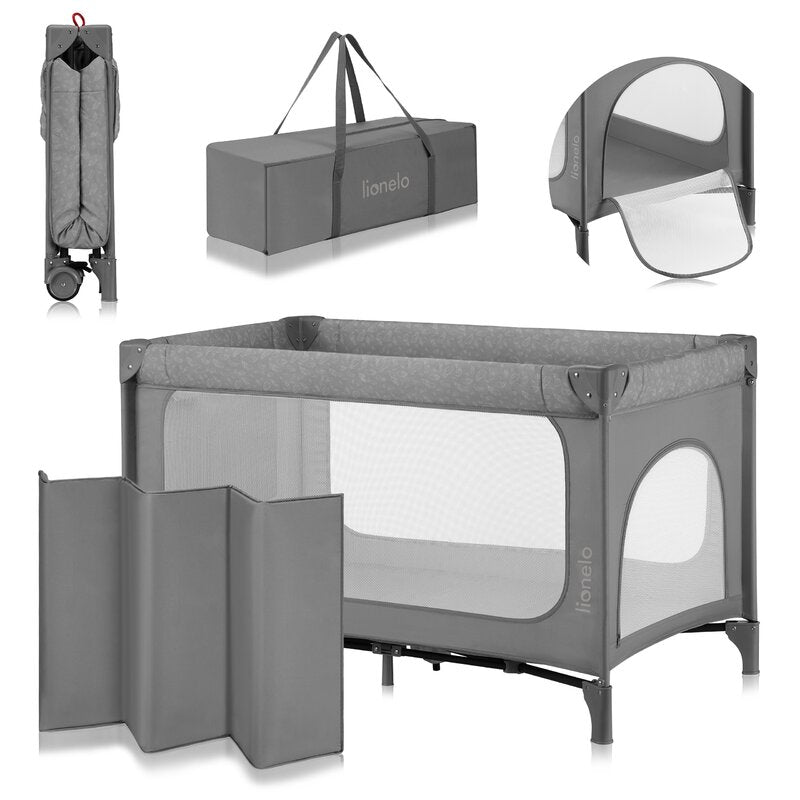 Patut pliant, Lionelo, Jasmin Easy Fold, Pana la 15 kg, Usor de pliat, Cu doua nivele, Cu saltea ergonomica T25, Cu intrare laterala cu fermoar, 2 roti cu frana, 123 x 67 cm, Conform cu EN 716, 0-36 luni, Gri - gogobaby.ro