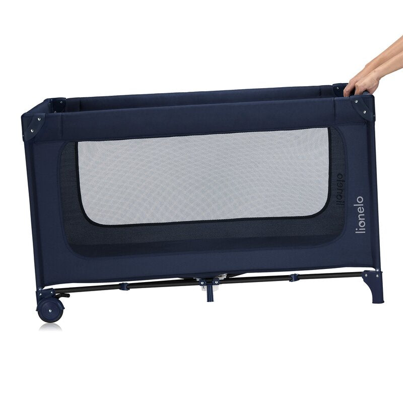 Patut pliant, Lionelo, Jasmin Easy Fold, Pana la 15 kg, Usor de pliat, Cu doua nivele, Cu saltea ergonomica T25, Cu intrare laterala cu fermoar, 2 roti cu frana, 123 x 67 cm, Conform cu EN 716, 0-36 luni, Albastru