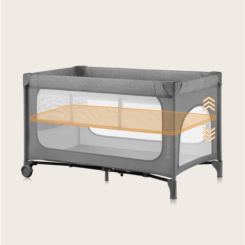 Patut pliant, Lionelo, Jasmin Easy Fold, Pana la 15 kg, Usor de pliat, Cu doua nivele, Cu saltea ergonomica T25, Cu intrare laterala cu fermoar, 2 roti cu frana, 123 x 67 cm, Conform cu EN 716, 0-36 luni, Gri - gogobaby.ro