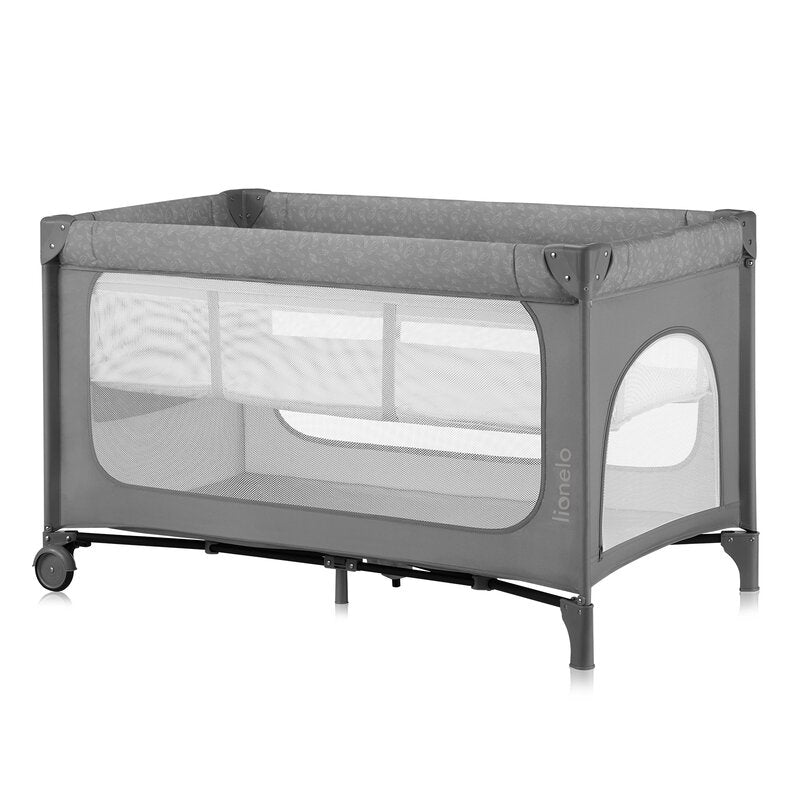 Patut pliant, Lionelo, Jasmin Easy Fold, Pana la 15 kg, Usor de pliat, Cu doua nivele, Cu saltea ergonomica T25, Cu intrare laterala cu fermoar, 2 roti cu frana, 123 x 67 cm, Conform cu EN 716, 0-36 luni, Gri - gogobaby.ro