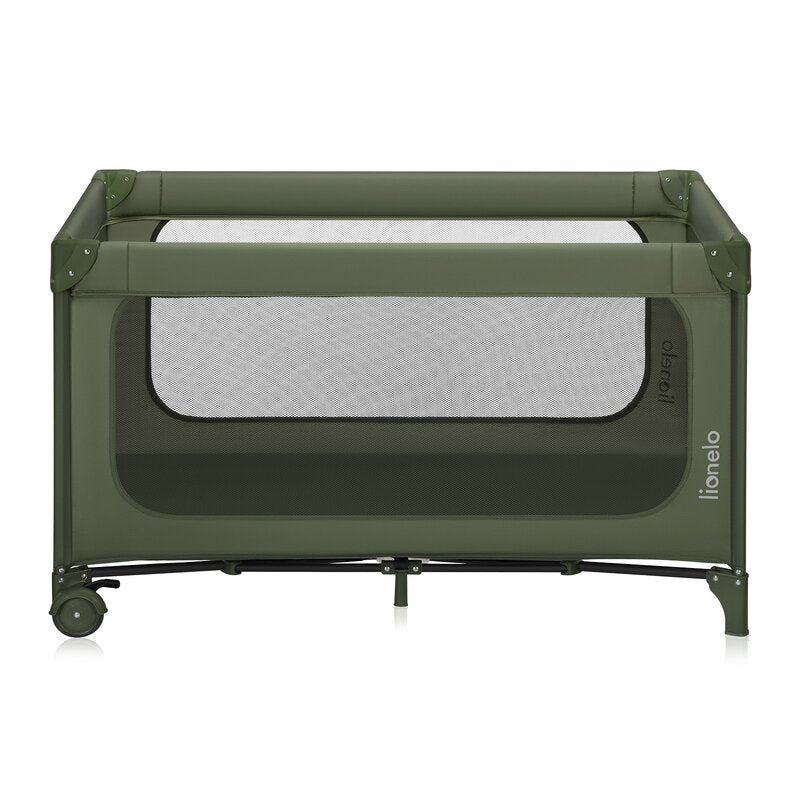 Patut pliant, Lionelo, Jasmin Easy Fold, Pana la 15 kg, Usor de pliat, Cu doua nivele, Cu saltea ergonomica T25, Cu intrare laterala cu fermoar, 2 roti cu frana, 123 x 67 cm, Conform cu EN 716, 0-36 luni, Verde