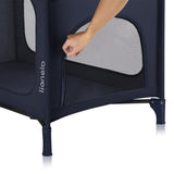 Patut pliant, Lionelo, Jasmin Easy Fold, Pana la 15 kg, Usor de pliat, Cu doua nivele, Cu saltea ergonomica T25, Cu intrare laterala cu fermoar, 2 roti cu frana, 123 x 67 cm, Conform cu EN 716, 0-36 luni, Albastru