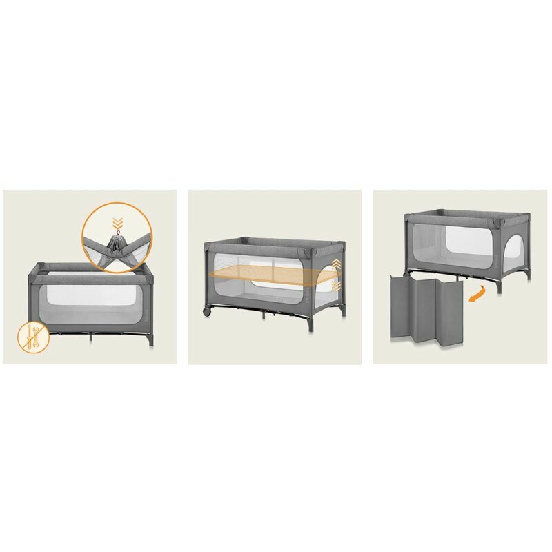Patut pliant, Lionelo, Jasmin Easy Fold, Pana la 15 kg, Usor de pliat, Cu doua nivele, Cu saltea ergonomica T25, Cu intrare laterala cu fermoar, 2 roti cu frana, 123 x 67 cm, Conform cu EN 716, 0-36 luni, Gri