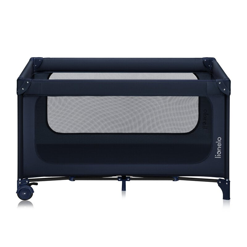Patut pliant, Lionelo, Jasmin Easy Fold, Pana la 15 kg, Usor de pliat, Cu doua nivele, Cu saltea ergonomica T25, Cu intrare laterala cu fermoar, 2 roti cu frana, 123 x 67 cm, Conform cu EN 716, 0-36 luni, Albastru