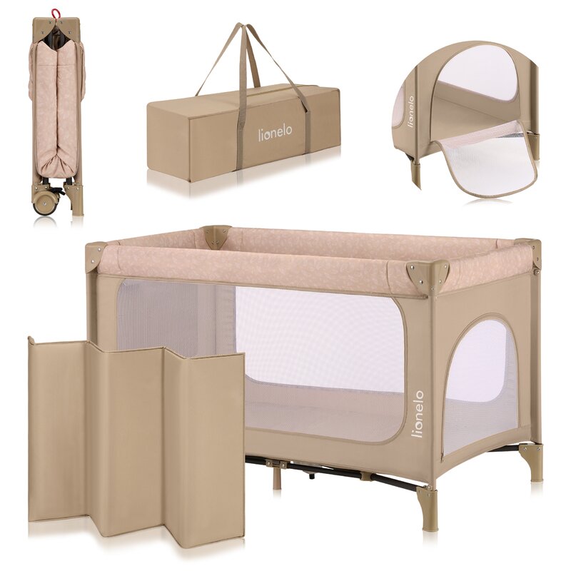 Patut pliant, Lionelo, Jasmin Easy Fold, Pana la 15 kg, Usor de pliat, Cu doua nivele, Cu saltea ergonomica T25, Cu intrare laterala cu fermoar, 2 roti cu frana, 123 x 67 cm, Conform cu EN 716, 0-36 luni, Bej