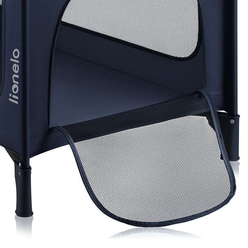 Patut pliant, Lionelo, Jasmin Easy Fold, Pana la 15 kg, Usor de pliat, Cu doua nivele, Cu saltea ergonomica T25, Cu intrare laterala cu fermoar, 2 roti cu frana, 123 x 67 cm, Conform cu EN 716, 0-36 luni, Albastru