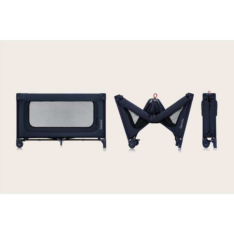 Patut pliant, Lionelo, Jasmin Easy Fold, Pana la 15 kg, Usor de pliat, Cu doua nivele, Cu saltea ergonomica T25, Cu intrare laterala cu fermoar, 2 roti cu frana, 123 x 67 cm, Conform cu EN 716, 0-36 luni, Albastru
