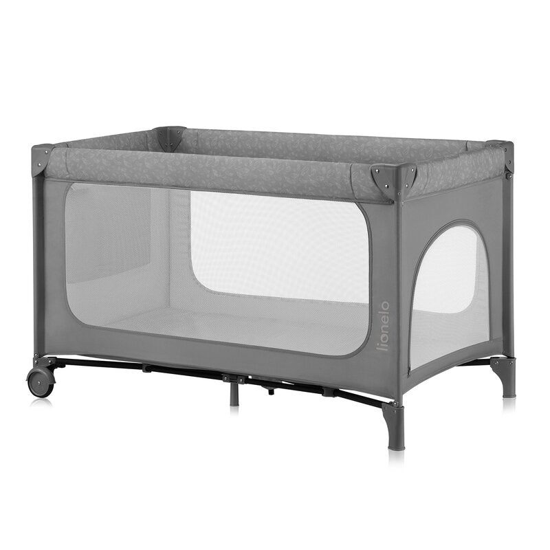 Patut pliant, Lionelo, Jasmin Easy Fold, Pana la 15 kg, Usor de pliat, Cu doua nivele, Cu saltea ergonomica T25, Cu intrare laterala cu fermoar, 2 roti cu frana, 123 x 67 cm, Conform cu EN 716, 0-36 luni, Gri - gogobaby.ro
