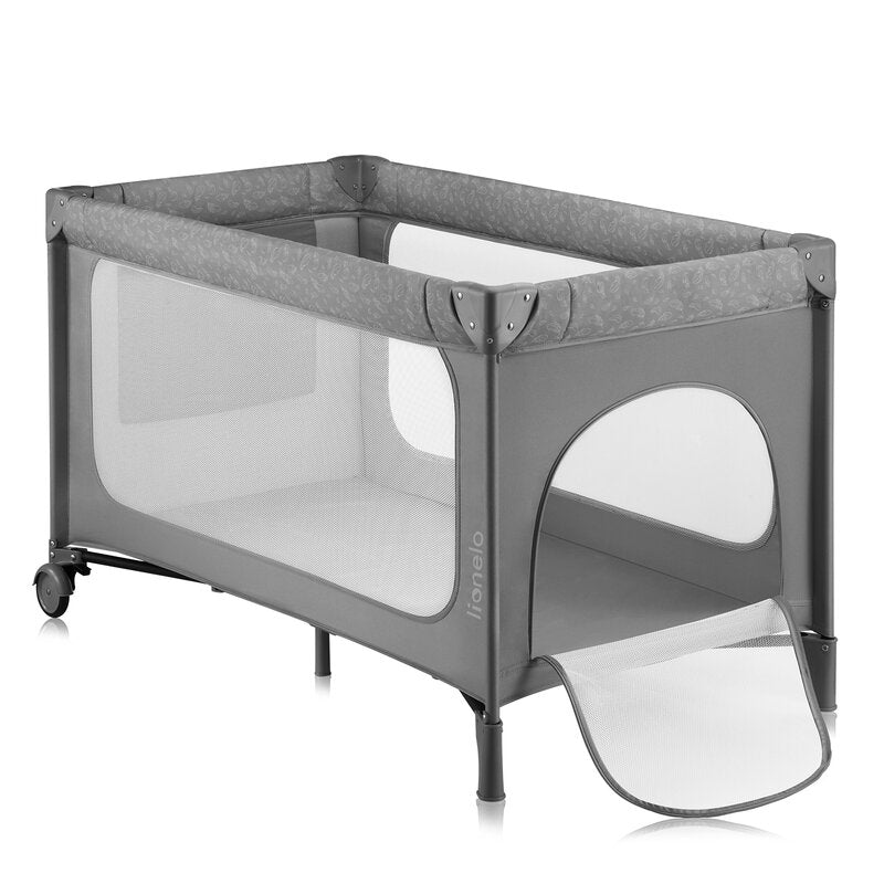 Patut pliant, Lionelo, Jasmin Easy Fold, Pana la 15 kg, Usor de pliat, Cu doua nivele, Cu saltea ergonomica T25, Cu intrare laterala cu fermoar, 2 roti cu frana, 123 x 67 cm, Conform cu EN 716, 0-36 luni, Gri - gogobaby.ro