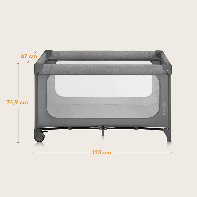 Patut pliant, Lionelo, Jasmin Easy Fold, Pana la 15 kg, Usor de pliat, Cu doua nivele, Cu saltea ergonomica T25, Cu intrare laterala cu fermoar, 2 roti cu frana, 123 x 67 cm, Conform cu EN 716, 0-36 luni, Gri - gogobaby.ro