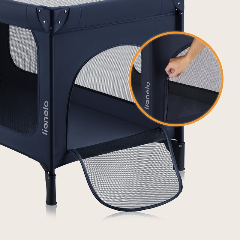 Patut pliant, Lionelo, Jasmin Easy Fold, Pana la 15 kg, Usor de pliat, Cu doua nivele, Cu saltea ergonomica T25, Cu intrare laterala cu fermoar, 2 roti cu frana, 123 x 67 cm, Conform cu EN 716, 0-36 luni, Albastru