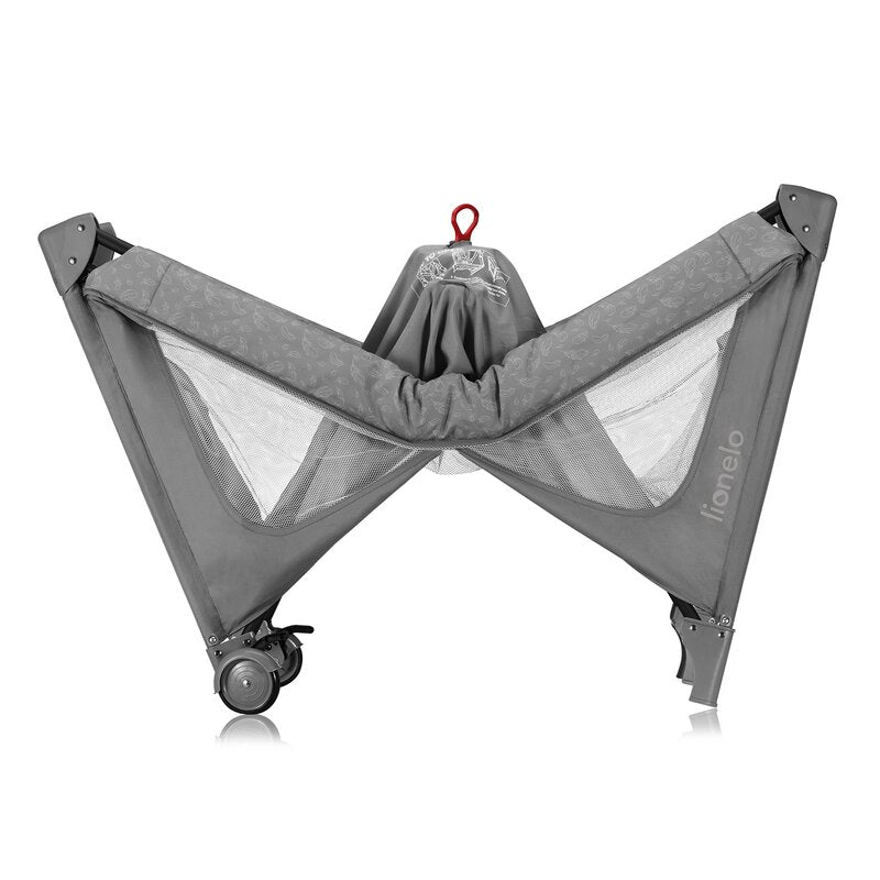 Patut pliant, Lionelo, Jasmin Easy Fold, Pana la 15 kg, Usor de pliat, Cu doua nivele, Cu saltea ergonomica T25, Cu intrare laterala cu fermoar, 2 roti cu frana, 123 x 67 cm, Conform cu EN 716, 0-36 luni, Gri - gogobaby.ro