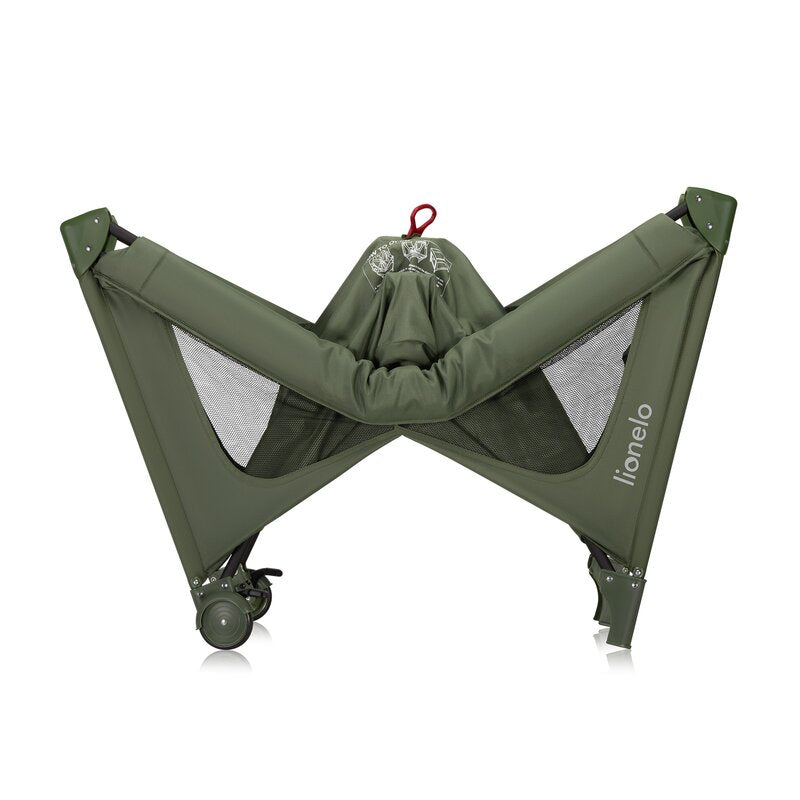 Patut pliant, Lionelo, Jasmin Easy Fold, Pana la 15 kg, Usor de pliat, Cu doua nivele, Cu saltea ergonomica T25, Cu intrare laterala cu fermoar, 2 roti cu frana, 123 x 67 cm, Conform cu EN 716, 0-36 luni, Verde