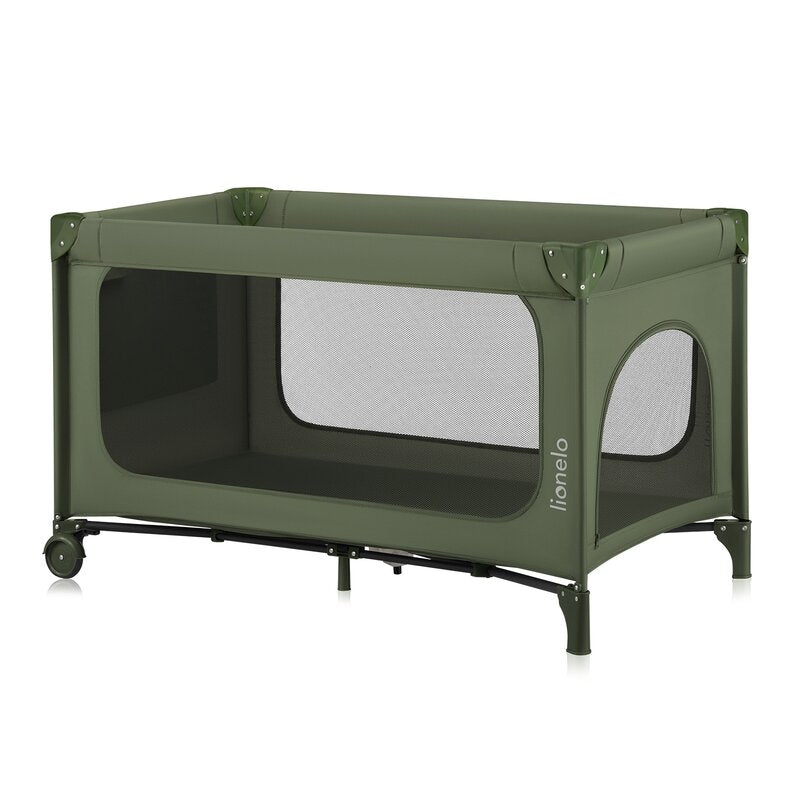 Patut pliant, Lionelo, Jasmin Easy Fold, Pana la 15 kg, Usor de pliat, Cu doua nivele, Cu saltea ergonomica T25, Cu intrare laterala cu fermoar, 2 roti cu frana, 123 x 67 cm, Conform cu EN 716, 0-36 luni, Verde