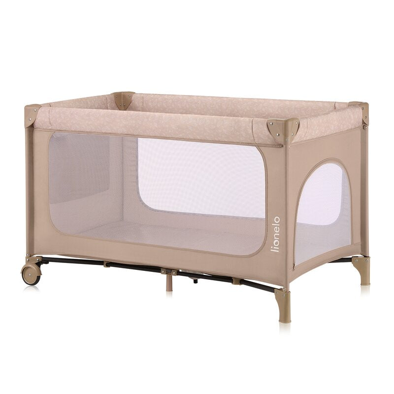 Patut pliant, Lionelo, Jasmin Easy Fold, Pana la 15 kg, Usor de pliat, Cu doua nivele, Cu saltea ergonomica T25, Cu intrare laterala cu fermoar, 2 roti cu frana, 123 x 67 cm, Conform cu EN 716, 0-36 luni, Bej