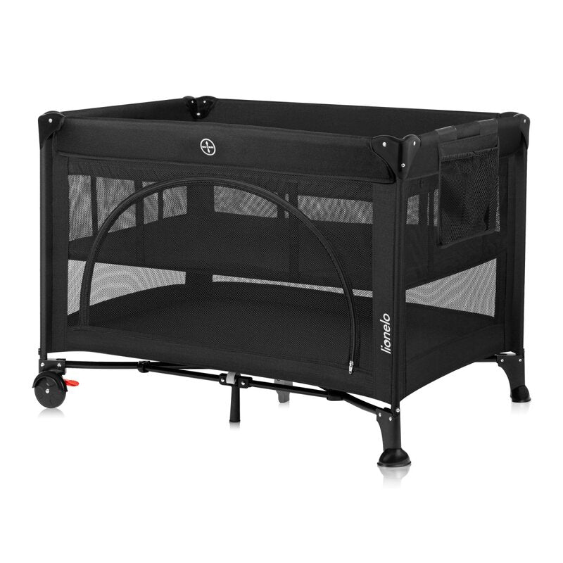 Patut pliant, Lionelo, Laura, 102 x 74 cm, Cu doua nivele, Functie de tarc, Cu roti, Include salteluta si geanta de transport, Pereti din plasa, Deschidere laterala, Pana la 15 kg, 0 luni +, Negru