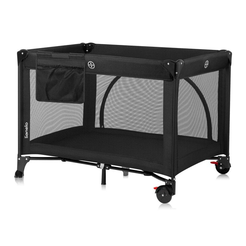 Patut pliant, Lionelo, Laura, 102 x 74 cm, Cu doua nivele, Functie de tarc, Cu roti, Include salteluta si geanta de transport, Pereti din plasa, Deschidere laterala, Pana la 15 kg, 0 luni +, Negru